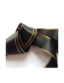 Veters satijn lint glitter zwart-goud 16mm