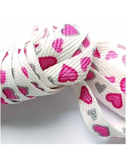 Veters wit met roze en grijze hartjes 12mm - 120cm