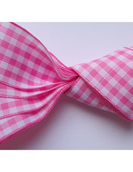Veters lint ruit roze-wit 25mm - 120cm