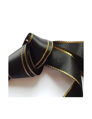 Veters satijn lint glitter zwart-goud 16mm