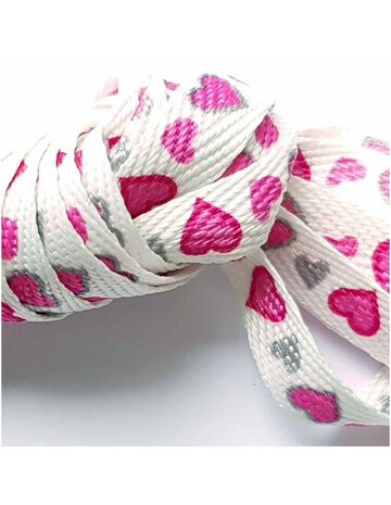 Veters wit met roze en grijze hartjes 12mm - 120cm
